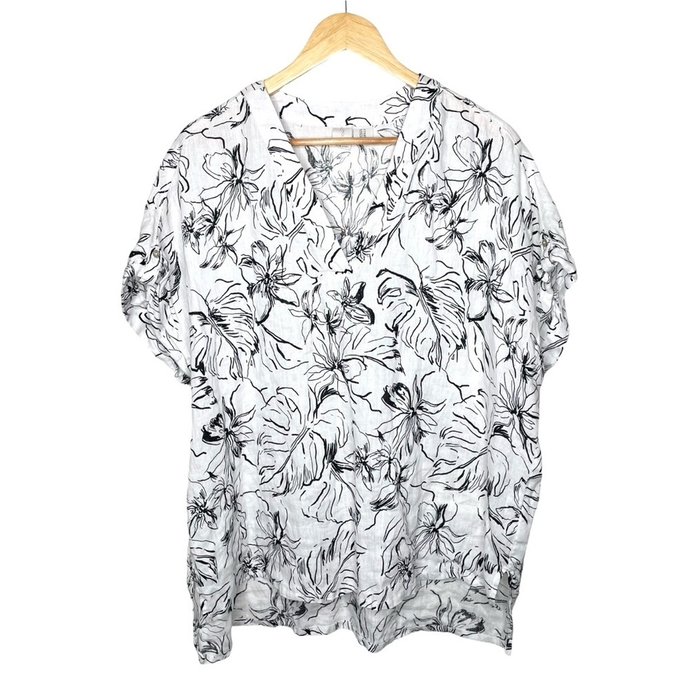 Joie‎ 100% Linen Black White Tropical Print Top 1X